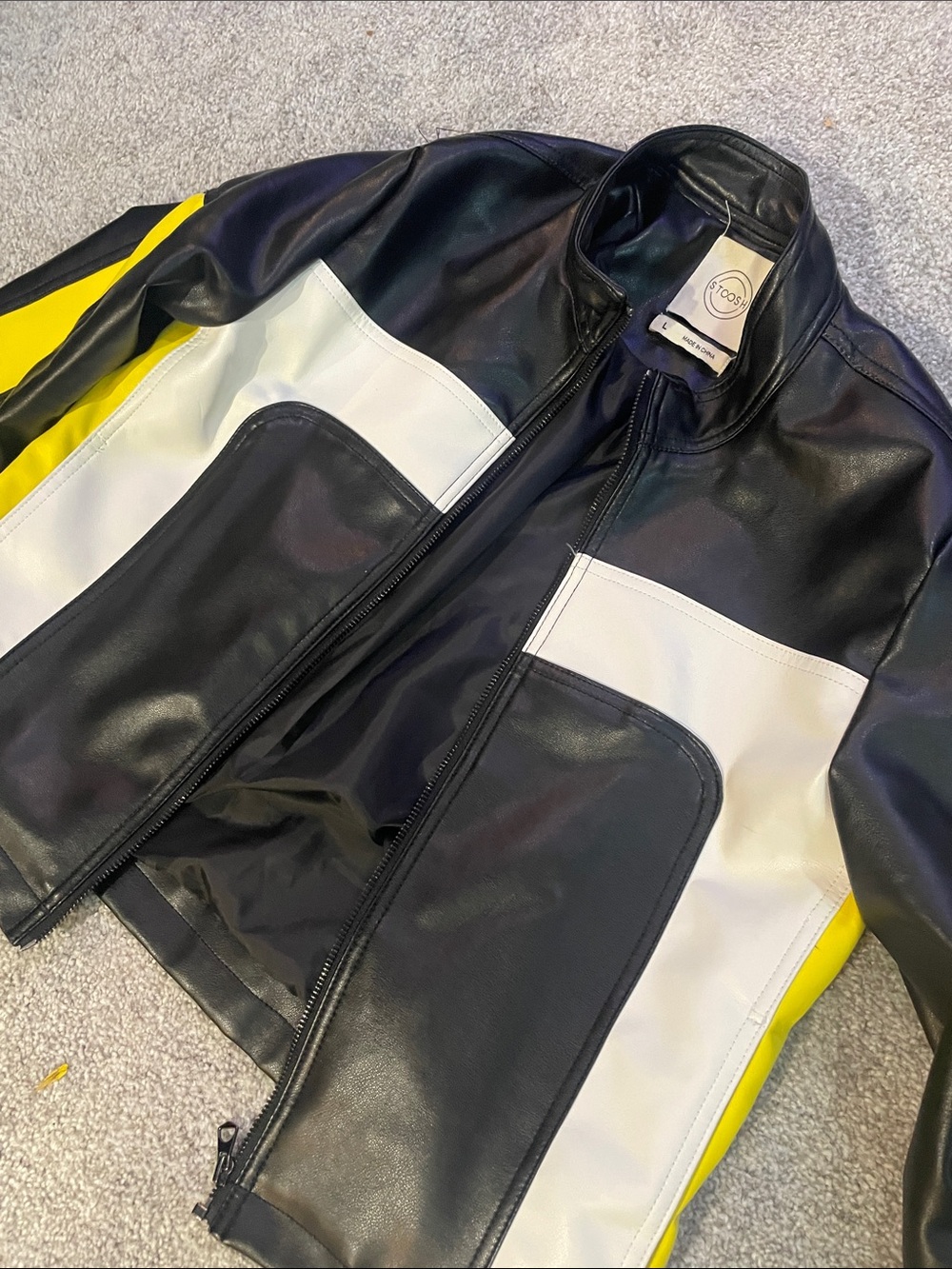 Stoosh Black & White women’s Faux Leather Jacket with Yellow Accents